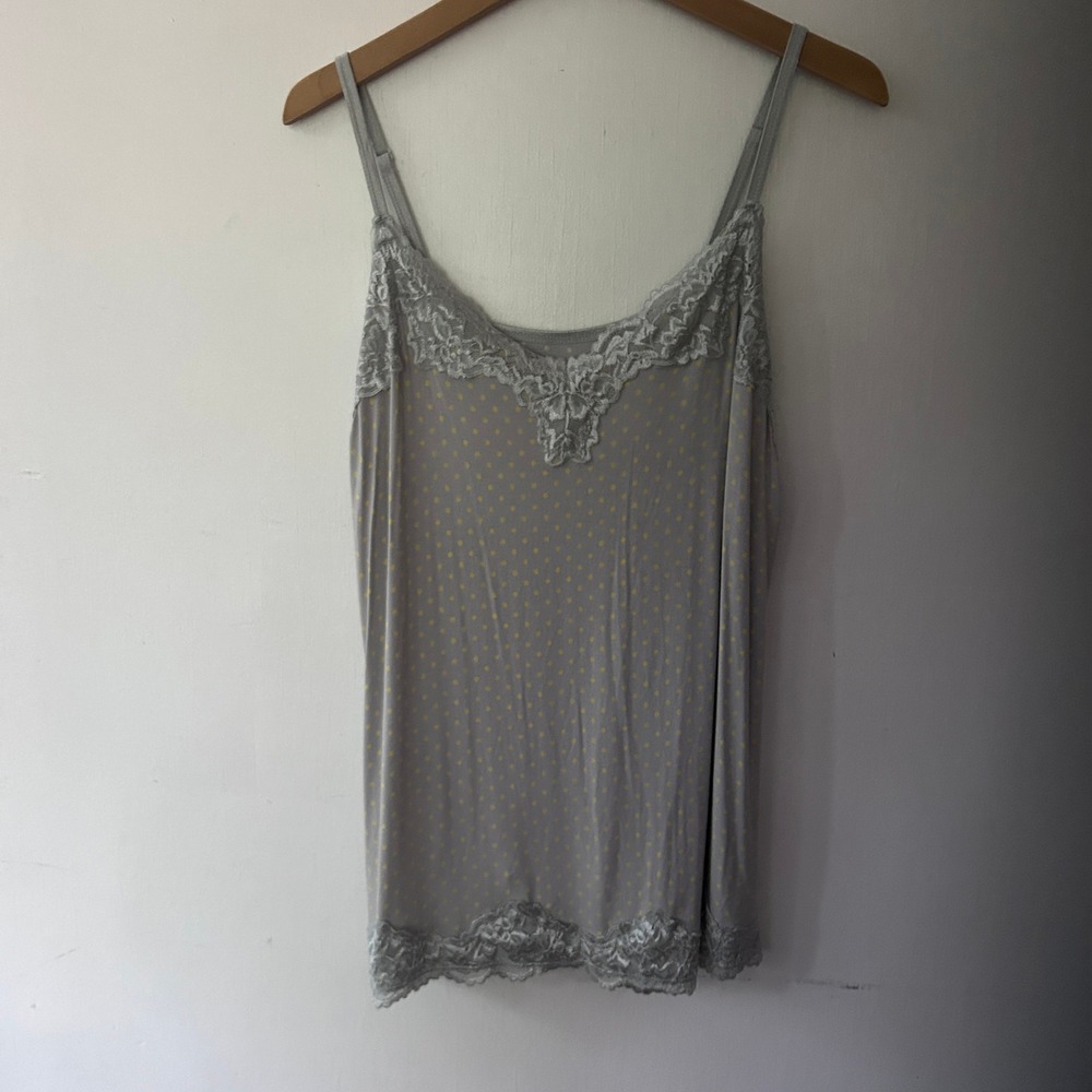 Lane Bryant Grey Polka Dot Lace Trim Cami Top Womens 18/20 Adjustable Straps